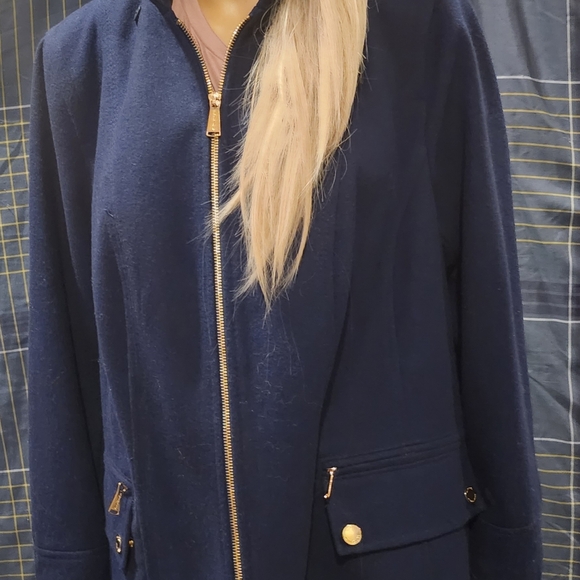 Michael Kors Women's Blue Long Sleeve Pockets Collared Full Zip Overcoat Size 0X - Picture 3 of 13